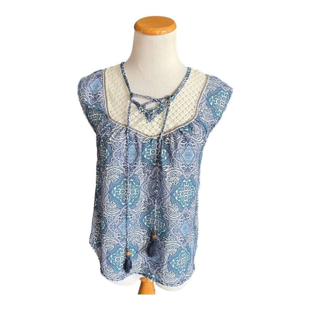 Womens Rewind Boho Sleeveless Tassel Mixed Media Lace Top - Sz XS